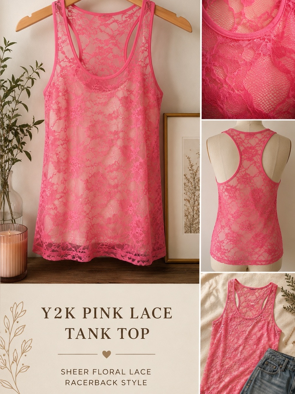 Y2K Pink Lace Racerback Tank Top - Sheer Floral Lace